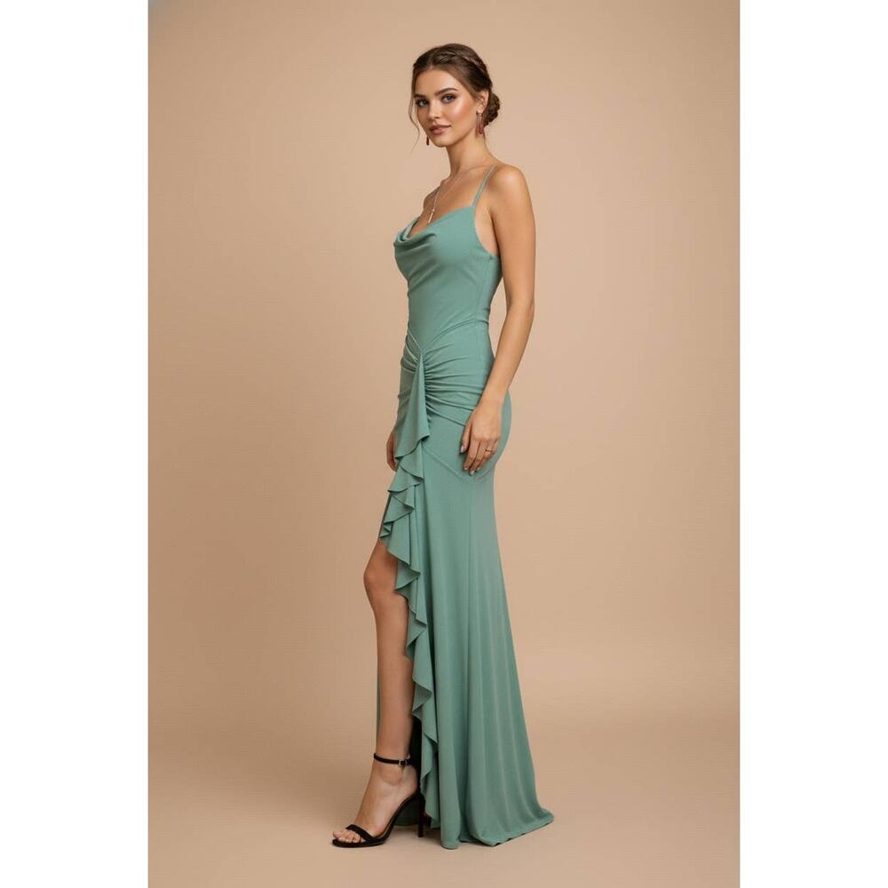 Shakira Formal Maxi Dress Women Medium Black Ruffle Slit Elegant Evening NWT - Picture 11 of 12